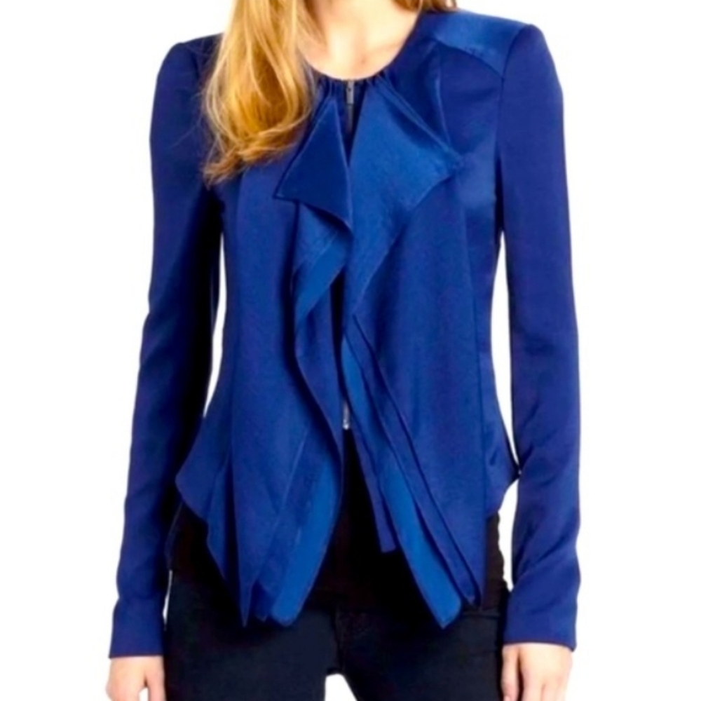 BCBGMaxAzria Flora Ruffle Silky Zip Blazer  Draped Open-Front Shirt Jacket Small